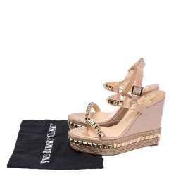 Pre Owned Christian Louboutin Beige Patent Leather Studded Cataclou Espadrille Wedge Sandals Size 40