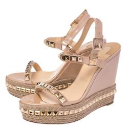 Pre Owned Christian Louboutin Beige Patent Leather Studded Cataclou Espadrille Wedge Sandals Size 40