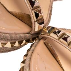Pre Owned Christian Louboutin Beige Patent Leather Studded Cataclou Espadrille Wedge Sandals Size 40