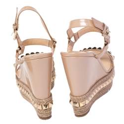 Pre Owned Christian Louboutin Beige Patent Leather Studded Cataclou Espadrille Wedge Sandals Size 40