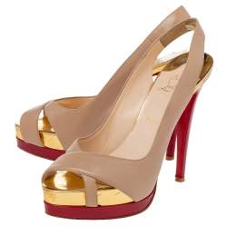 مملوكة مسبقًا Christian Louboutin Beige/Red Leather Soso Platform Slingback Sandals Size 39