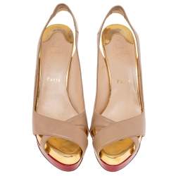 مملوكة مسبقًا Christian Louboutin Beige/Red Leather Soso Platform Slingback Sandals Size 39