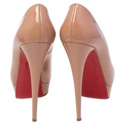 Pre Owned  Christian Louboutin Beige Patent Leather Lady Peep Toe Platform Pumps Size 39