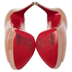 Pre Owned  Christian Louboutin Beige Patent Leather Lady Peep Toe Platform Pumps Size 39