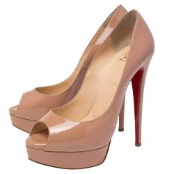 Pre Owned  Christian Louboutin Beige Patent Leather Lady Peep Toe Platform Pumps Size 39