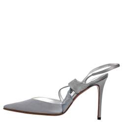 Pre Owned Christian Louboutin Silver Satin And Metallic Leather Pointed Toe Slingback Sandals Size 37