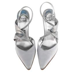 Pre Owned Christian Louboutin Silver Satin And Metallic Leather Pointed Toe Slingback Sandals Size 37