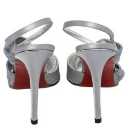 Pre Owned Christian Louboutin Silver Satin And Metallic Leather Pointed Toe Slingback Sandals Size 37