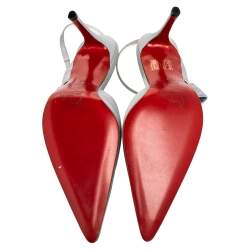 Pre Owned Christian Louboutin Silver Satin And Metallic Leather Pointed Toe Slingback Sandals Size 37