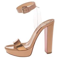 Pre Owned Christian Louboutin Beige/Bronze Leather  Cherry Platform Sandals Size 38.5