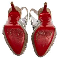 Pre Owned Christian Louboutin Silver Patent Leather Ginza Platform Sandals Size 37.5