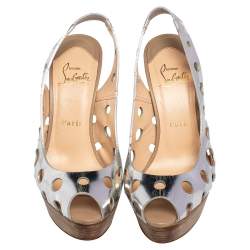 Pre Owned Christian Louboutin Silver Patent Leather Ginza Platform Sandals Size 37.5