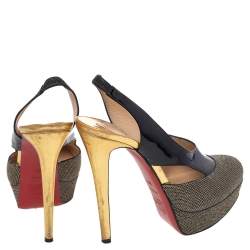 Pre Owned Christian Louboutin Black/Gold Patent and Metallic Mesh Platform Slingback Pumps Size 38.5