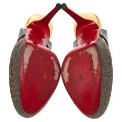 Pre Owned Christian Louboutin Black/Gold Patent and Metallic Mesh Platform Slingback Pumps Size 38.5