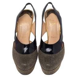 Pre Owned Christian Louboutin Black/Gold Patent and Metallic Mesh Platform Slingback Pumps Size 38.5