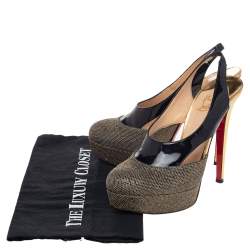 Pre Owned Christian Louboutin Black/Gold Patent and Metallic Mesh Platform Slingback Pumps Size 38.5
