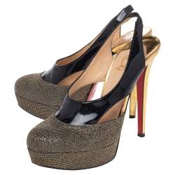 Pre Owned Christian Louboutin Black/Gold Patent and Metallic Mesh Platform Slingback Pumps Size 38.5