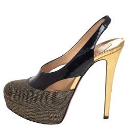 Pre Owned Christian Louboutin Black/Gold Patent and Metallic Mesh Platform Slingback Pumps Size 38.5