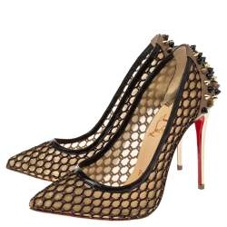 Pre Owned Christian Louboutin Black/Beige Mesh and Leather Spike Embellished Guni Pointed Toe Pumps Size 35