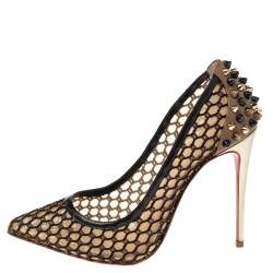 Pre Owned Christian Louboutin Black/Beige Mesh and Leather Spike Embellished Guni Pointed Toe Pumps Size 35