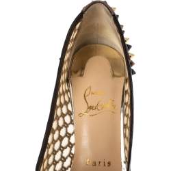 Pre Owned Christian Louboutin Black/Beige Mesh and Leather Spike Embellished Guni Pointed Toe Pumps Size 35