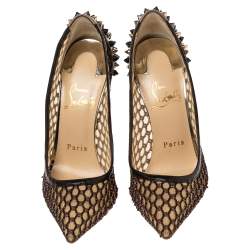 Pre Owned Christian Louboutin Black/Beige Mesh and Leather Spike Embellished Guni Pointed Toe Pumps Size 35