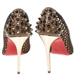 Pre Owned Christian Louboutin Black/Beige Mesh and Leather Spike Embellished Guni Pointed Toe Pumps Size 35