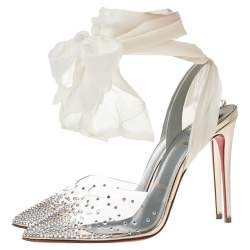 Pre Owned Christian Louboutin White Lace and PVC Spikaqueen Studded Accents Wrap Up Pumps Size 38