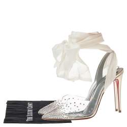 Pre Owned Christian Louboutin White Lace and PVC Spikaqueen Studded Accents Wrap Up Pumps Size 38