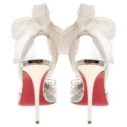 Pre Owned Christian Louboutin White Lace and PVC Spikaqueen Studded Accents Wrap Up Pumps Size 38