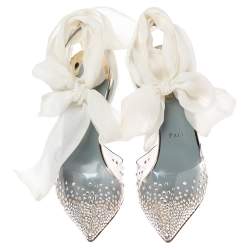 Pre Owned Christian Louboutin White Lace and PVC Spikaqueen Studded Accents Wrap Up Pumps Size 38