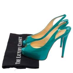 Pre Owned Christian Louboutin Green Patent Leather Private Number Peep Toe Slingback Sandals Size 38.5