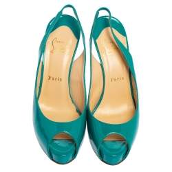 Pre Owned Christian Louboutin Green Patent Leather Private Number Peep Toe Slingback Sandals Size 38.5