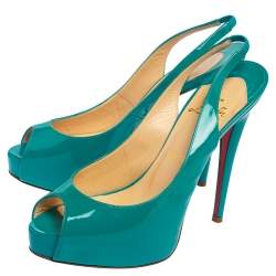 Pre Owned Christian Louboutin Green Patent Leather Private Number Peep Toe Slingback Sandals Size 38.5