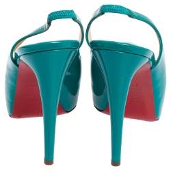 Pre Owned Christian Louboutin Green Patent Leather Private Number Peep Toe Slingback Sandals Size 38.5