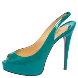 Pre Owned Christian Louboutin Green Patent Leather Private Number Peep Toe Slingback Sandals Size 38.5
