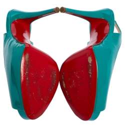 Pre Owned Christian Louboutin Green Patent Leather Private Number Peep Toe Slingback Sandals Size 38.5