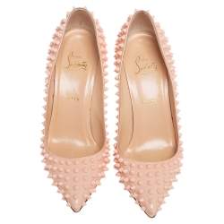 Pre Owned Christian Louboutin Beige Patent Leather Pigalle Spikes Pointed Toe Pumps Size 39.5