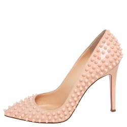 Pre Owned Christian Louboutin Beige Patent Leather Pigalle Spikes Pointed Toe Pumps Size 39.5
