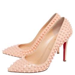 Pre Owned Christian Louboutin Beige Patent Leather Pigalle Spikes Pointed Toe Pumps Size 39.5