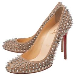  مملوكة مسبقًا Christian Louboutin Beige Leather Fifi Spike Round Toe Pumps Size 38.5