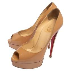 Christian Louboutin Beige Patent Leather Lady Peep Toe Platform Pumps Size 38 