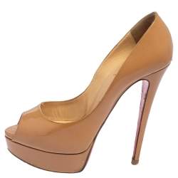 Christian Louboutin Beige Patent Leather Lady Peep Toe Platform Pumps Size 38 