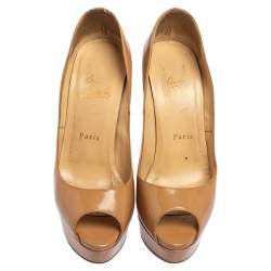 Christian Louboutin Beige Patent Leather Lady Peep Toe Platform Pumps Size 38 