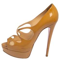 Pre Owned Christian Louboutin Beige Patent Leather Mademoi Criss Cross Peep Toe Pumps Size 39