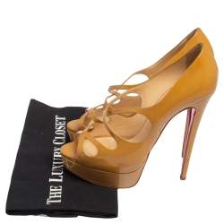 Pre Owned Christian Louboutin Beige Patent Leather Mademoi Criss Cross Peep Toe Pumps Size 39