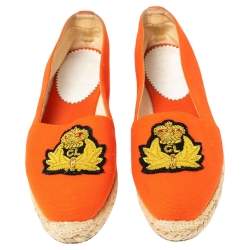 Christian Louboutin Orange Canvas Gala Embroidered Crest Espadrille Flats Size 35