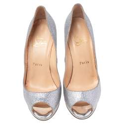 Pre Owned Christian Louboutin Silver Glitter Lady Peep Toe Platform Pumps Size 37.5