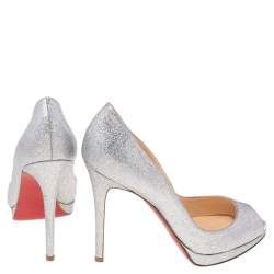 Pre Owned Christian Louboutin Silver Glitter Lady Peep Toe Platform Pumps Size 37.5