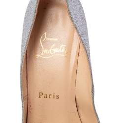 Pre Owned Christian Louboutin Silver Glitter Lady Peep Toe Platform Pumps Size 37.5